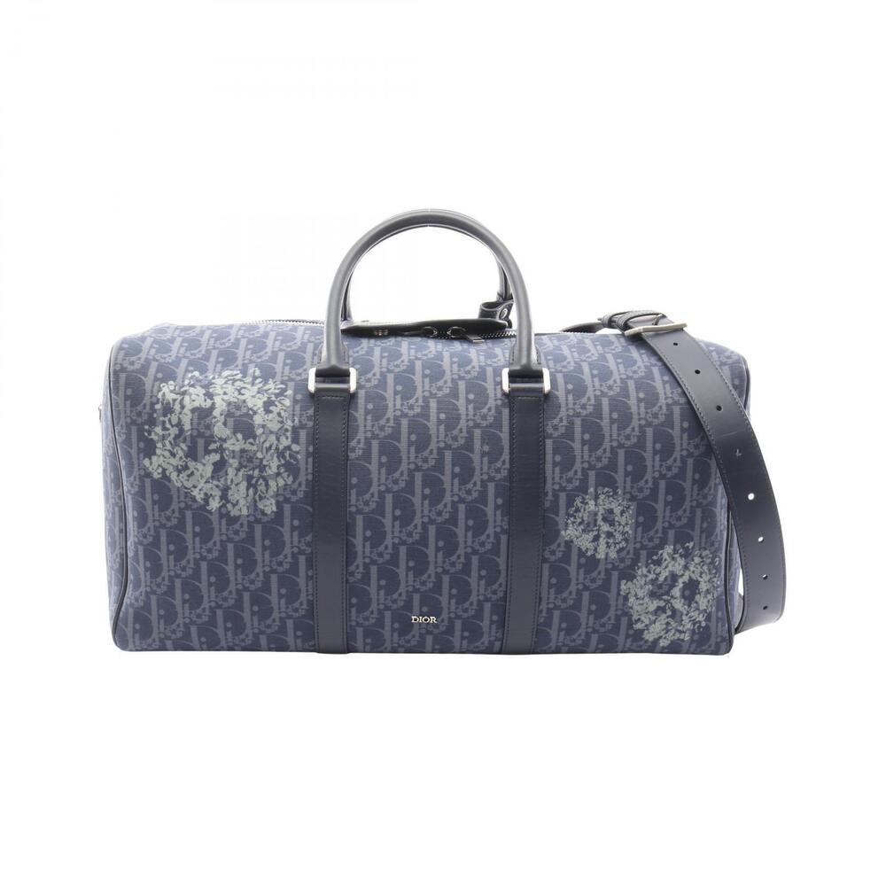 Christian Dior Denim Lango Oblique Peace Sign Boston Bag Canvas Leather Navy